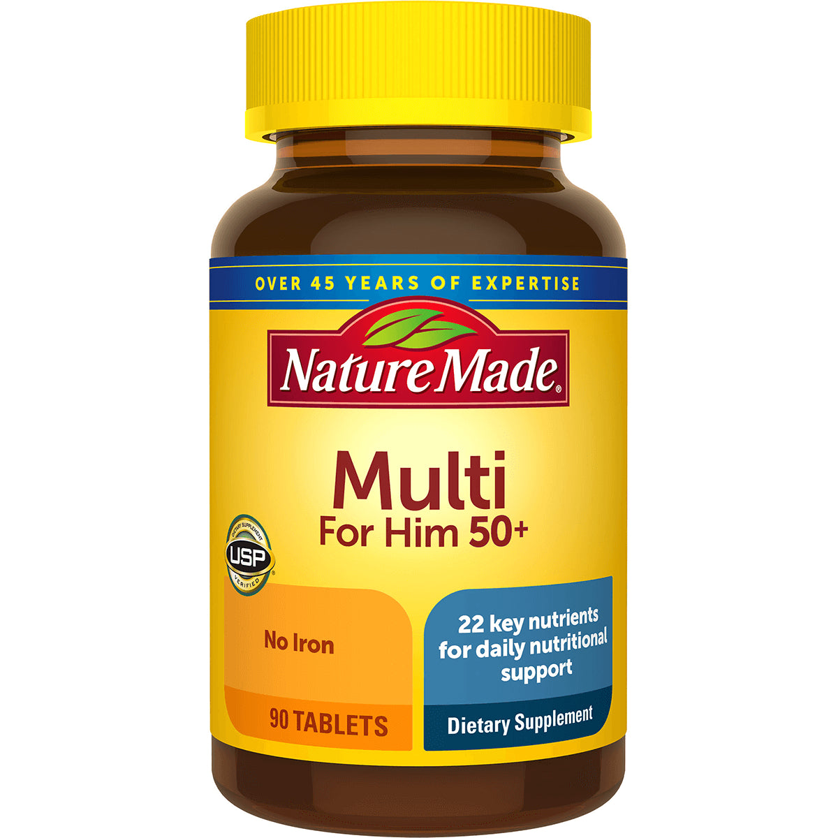 NTM015 | Nature Made Multi For Him 50+ front label on yellow 90-tablet dietary supplement bottle