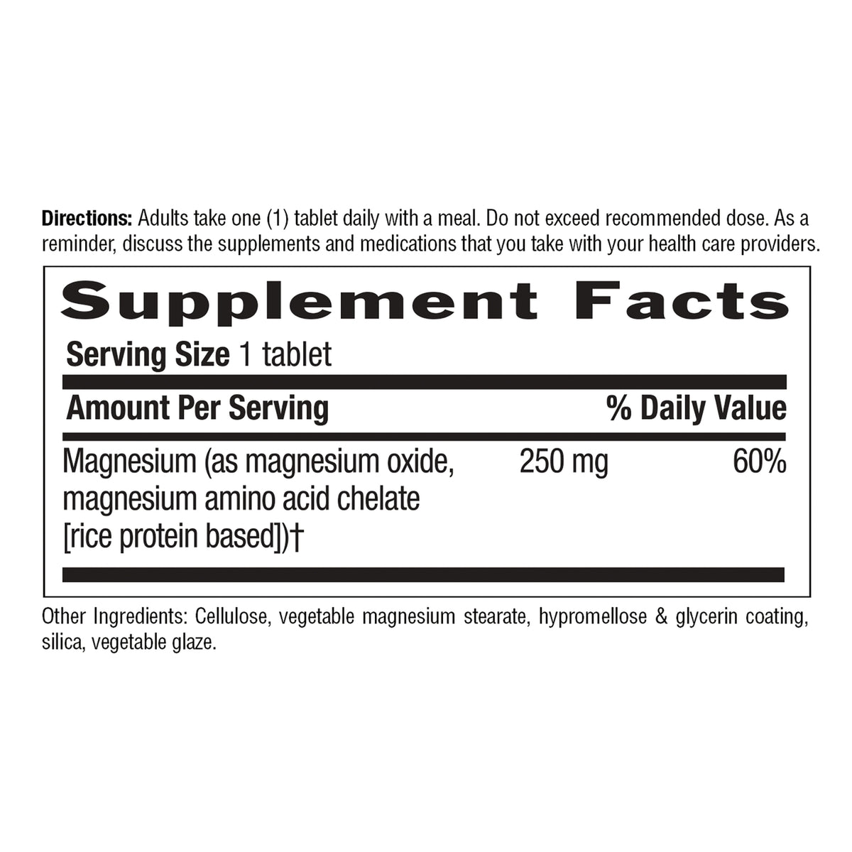 CRL650 | Supplement Facts label showing Serving Size 1 tablet, Magnesium 250 mg (60%), other ingredients and directions