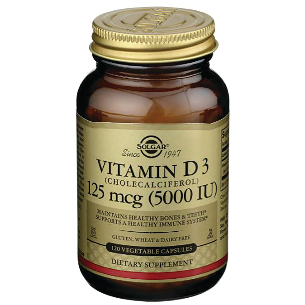 SLG248 | Solgar Vitamin D3 125 mcg (5000 IU) amber bottle with gold label, 120 vegetable capsules dietary supplement - Thumbnail