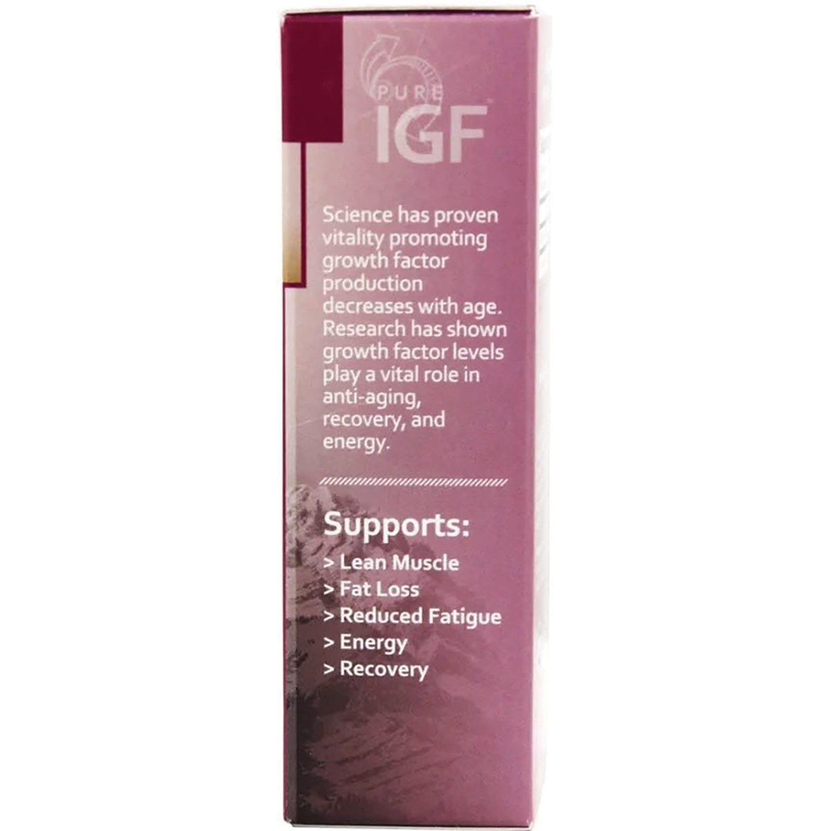 PSL005 | Side panel of purple Pure IGF box listing supports: Lean Muscle, Fat Loss, Reduced Fatigue, Energy, Recovery