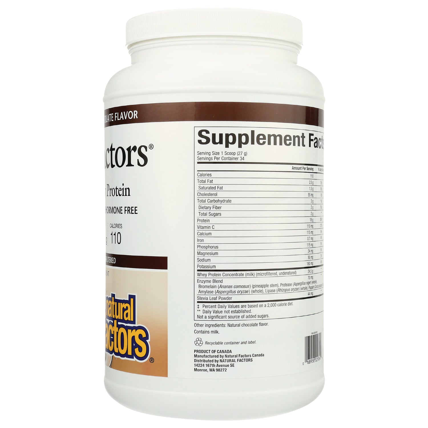 NFC110 | Back of white protein powder tub showing Supplement Facts panel and nutrition label