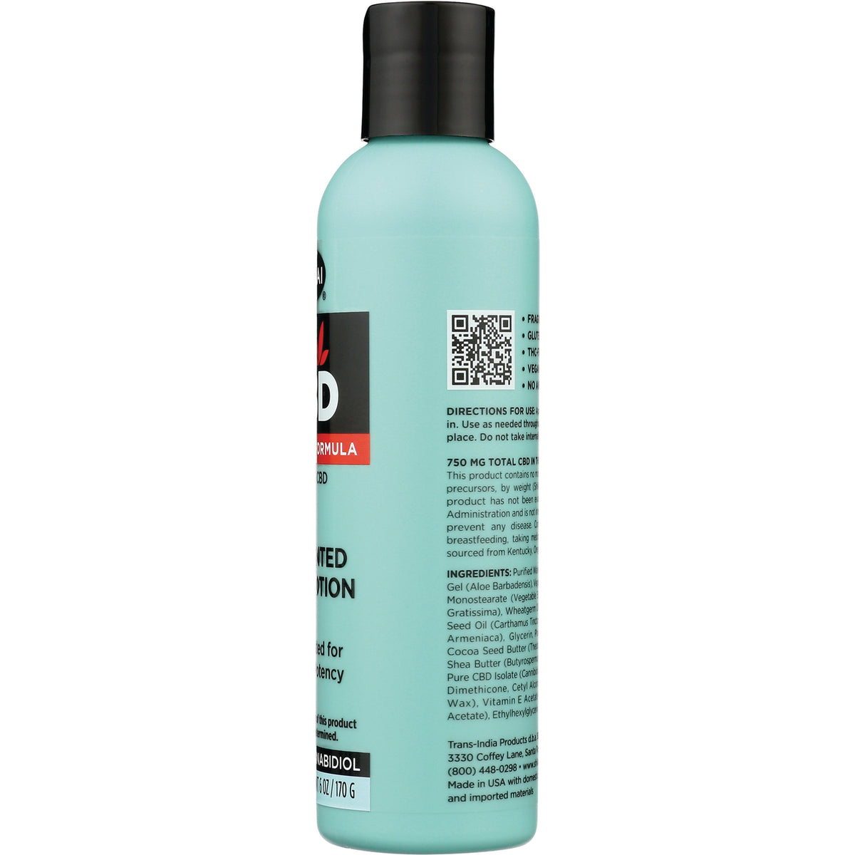 SHK058 | Back of teal lotion bottle showing QR code, ingredients list, and directions