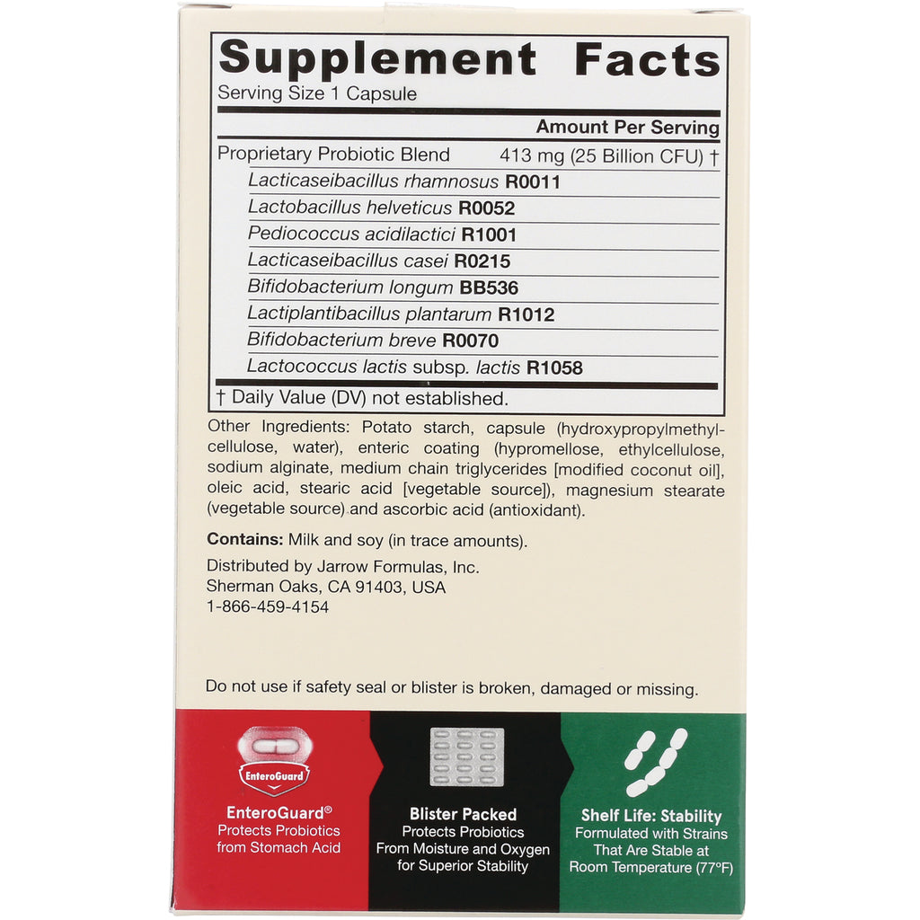 JR341 | Supplement Facts back panel listing probiotic strains, other ingredients and packaging warnings - Thumbnail