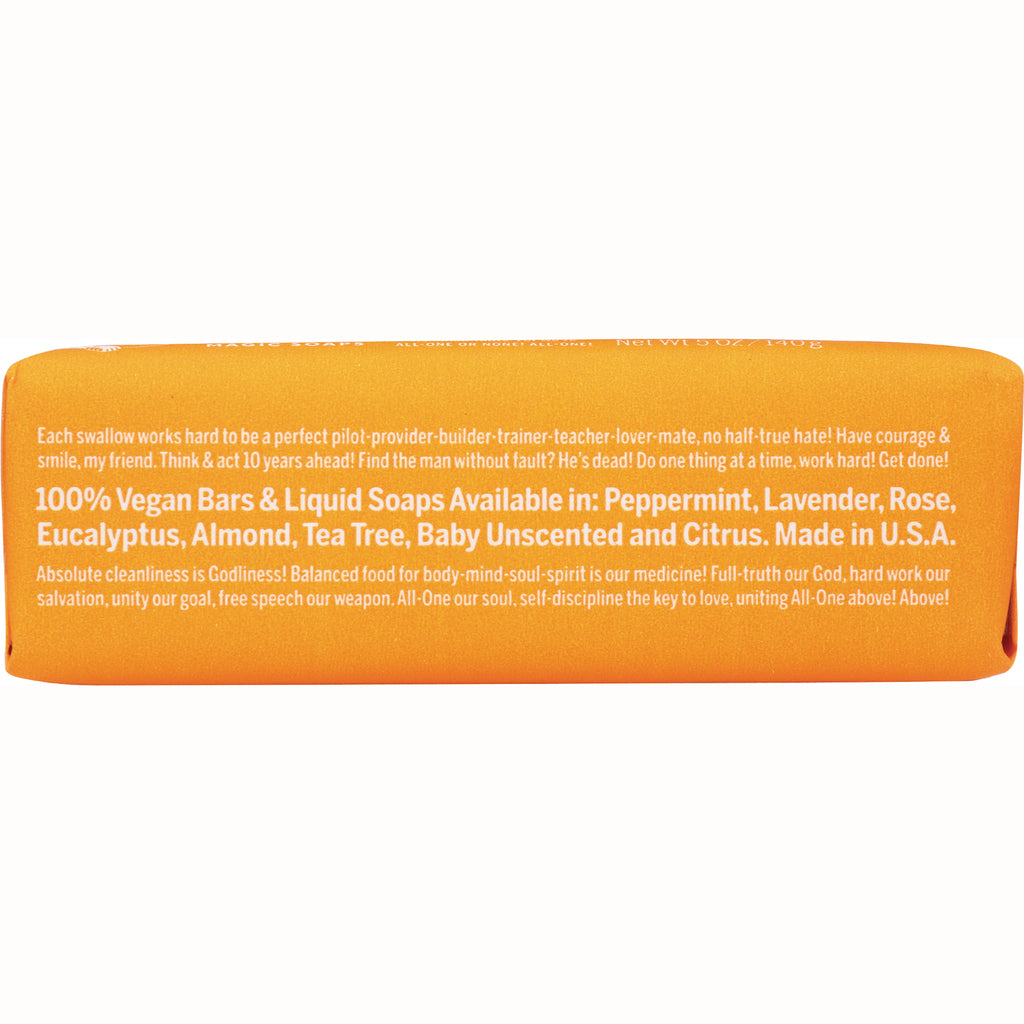 DRB020 | Back of orange soap package listing 100% Vegan Bars & Liquid Soaps and flavors including peppermint, lavender, rose, eucalyptus, almond, tea tree, unscented - Thumbnail