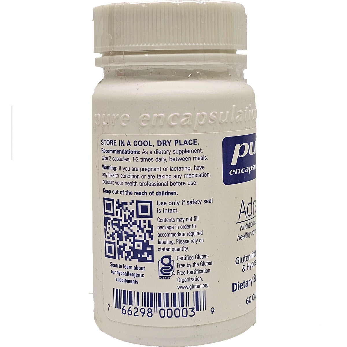 PRN015 | Back of white supplement bottle showing storage instructions, QR code, barcode and warnings