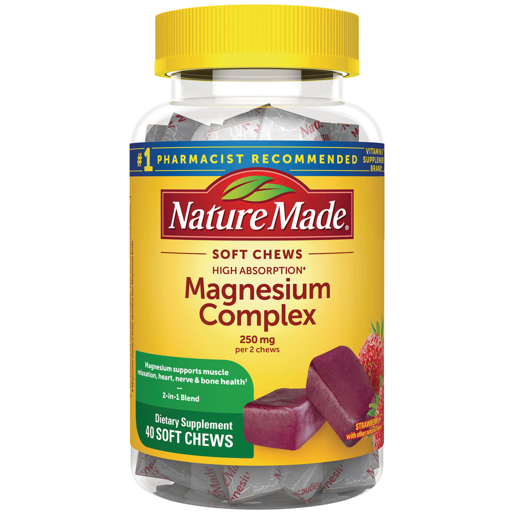 NTM184 | Nature Made Magnesium Complex soft chews bottle, 250 mg per 2 chews, 40 strawberry-flavored chews - Thumbnail