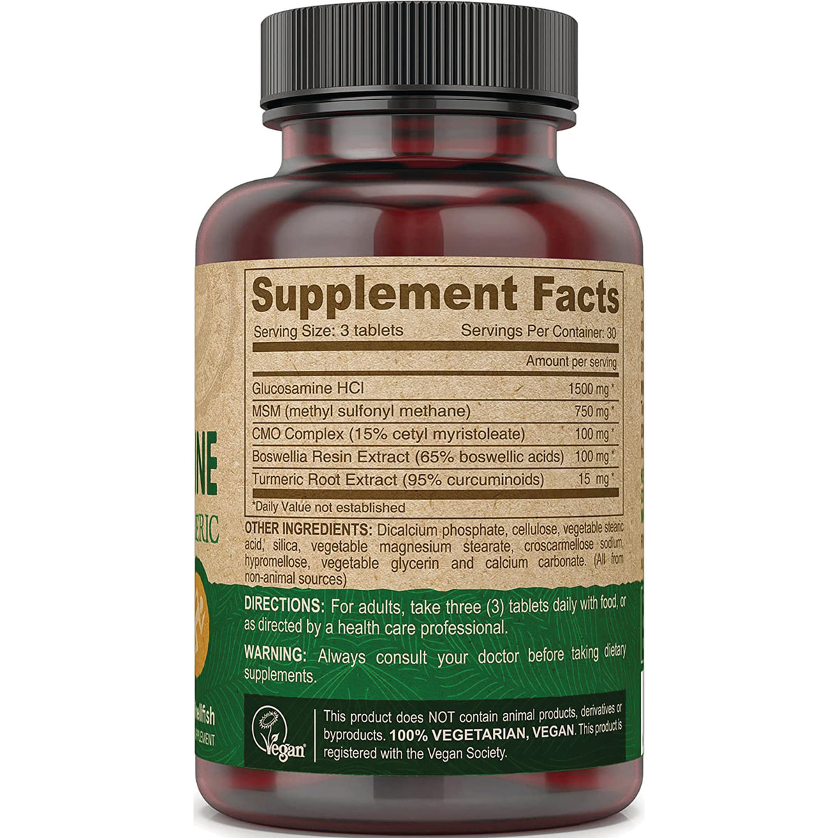 DEV010 | bottle back showing Supplement Facts panel with ingredient amounts, directions and warnings