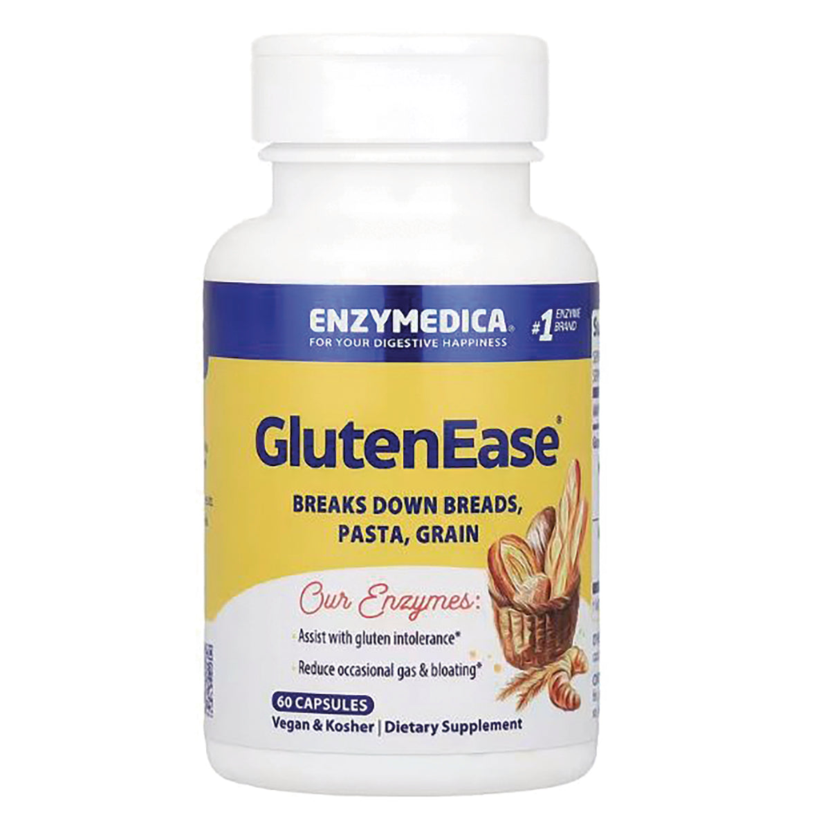 EMD012 | Enzymedica GlutenEase dietary supplement bottle front showing label GlutenEase, breaks down breads pasta grain, 60 capsules
