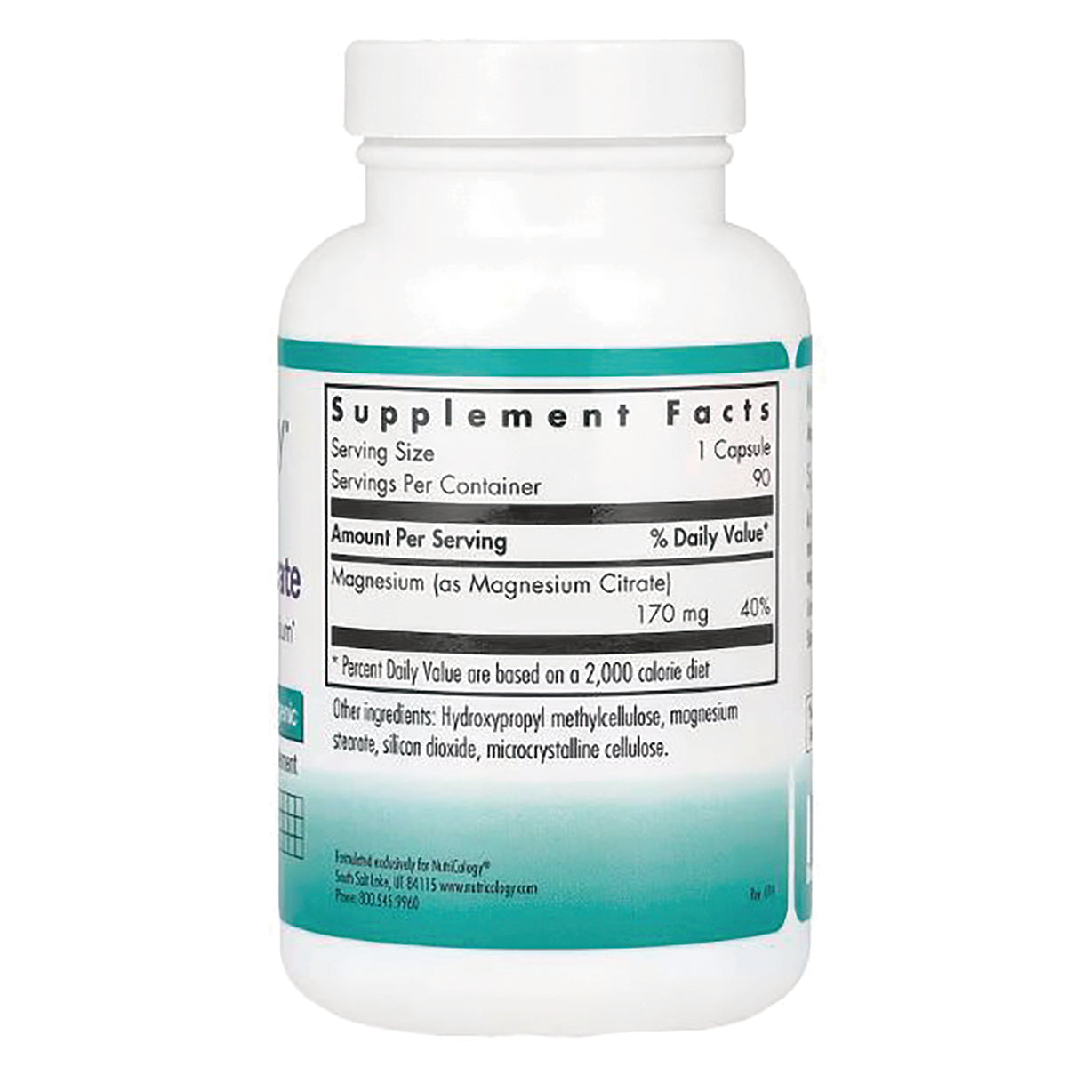 NCL019 | Back of white supplement bottle showing supplement facts panel listing magnesium (as magnesium citrate) 170 mg and other ingredients