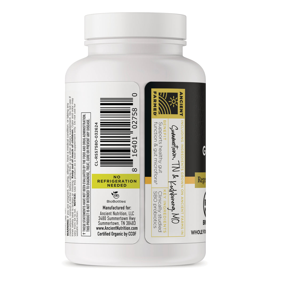 ATN141 | Back of white supplement bottle showing barcode, 'NO REFRIGERATION NEEDED' label and manufacturer details