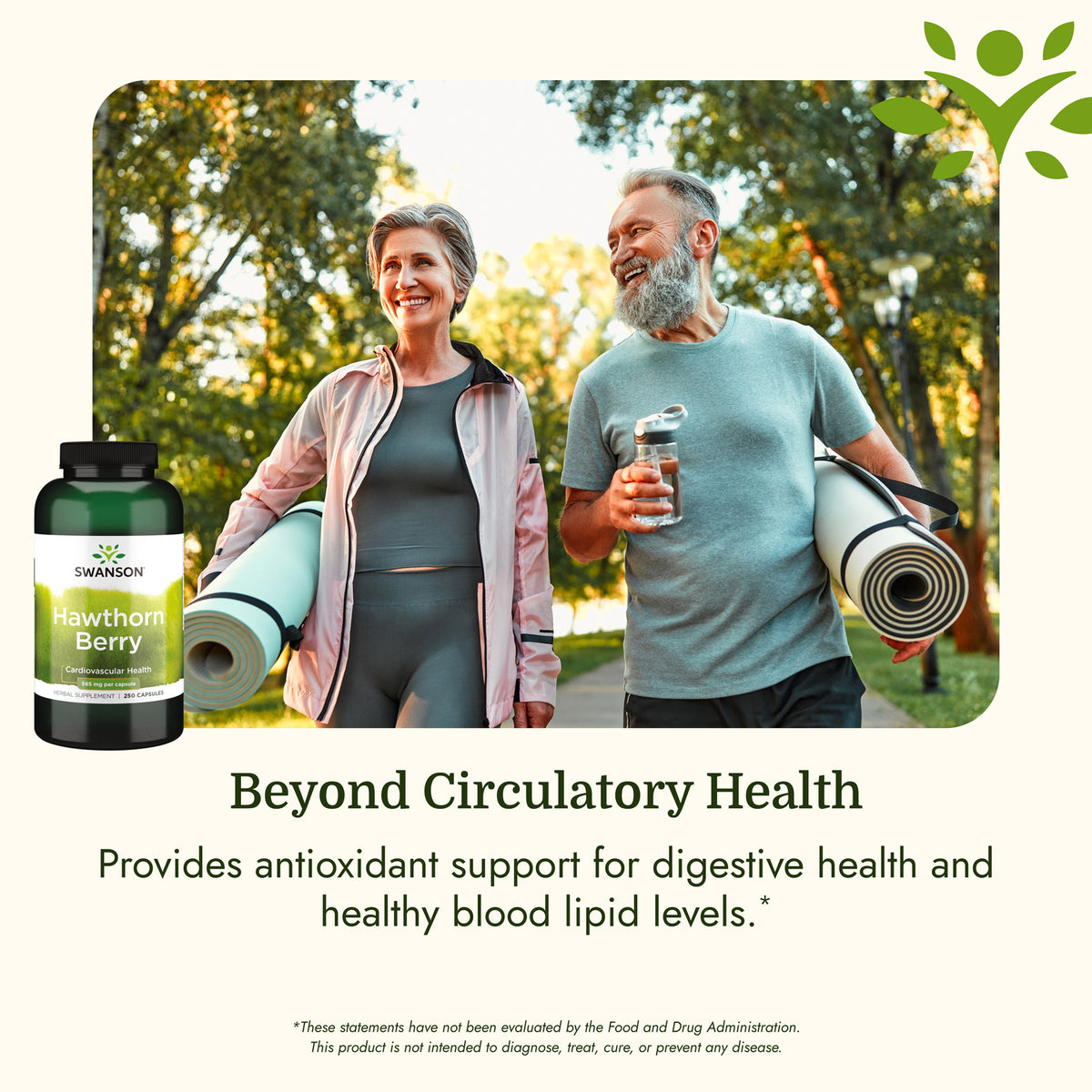 SW773 | Senior couple walking with yoga mats and a Swanson Hawthorn Berry bottle; Beyond Circulatory Health