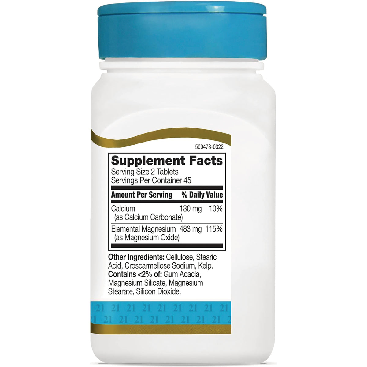 CNT105 | back of white supplement bottle showing Supplement Facts panel with serving size, calcium, magnesium, and other ingredients