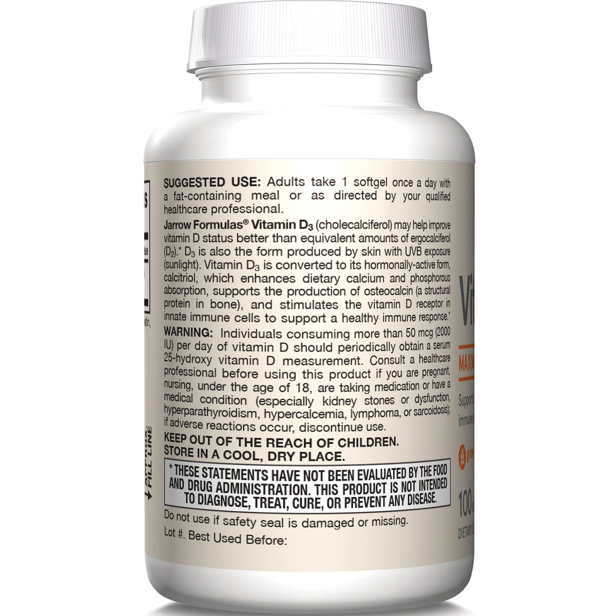 JR173 | Back label showing suggested use, warning, storage instructions, and supplement disclaimer