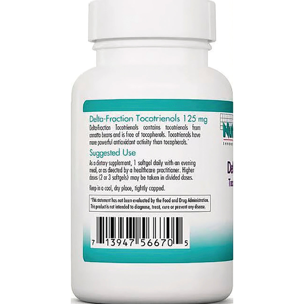 NCL146 | back of white supplement bottle showing Delta-Fraction Tocotrienols 125 mg label, suggested use text and barcode