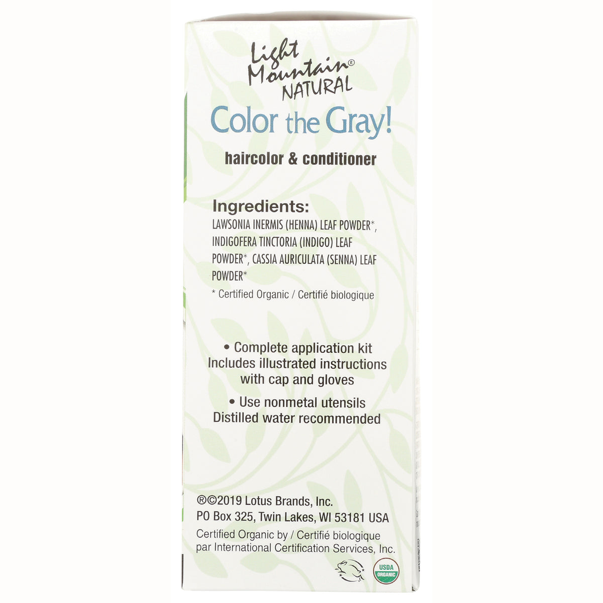 LTM006 | Back of Light Mountain Natural Color the Gray haircolor & conditioner box showing ingredients and application instructions