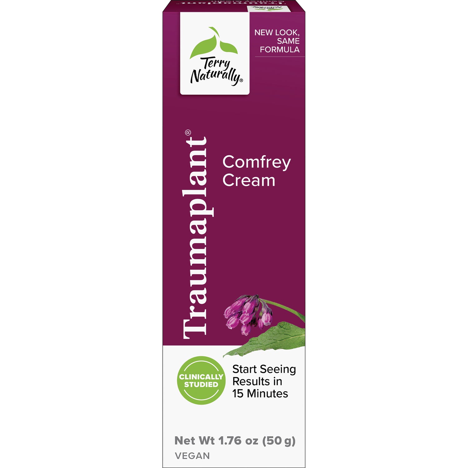 EUR029 | Terry Naturally Traumeelplant Comfrey Cream front box, purple packaging, Net Wt 1.76 oz (50 g), CLINICALLY STUDIED