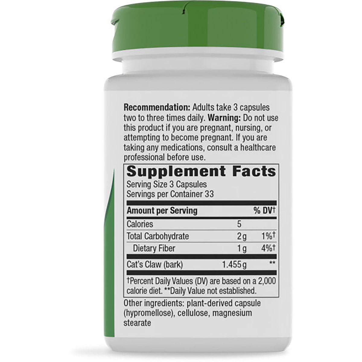 NW469 | Back of brown supplement bottle showing Supplement Facts panel with serving size, ingredients, and warning text