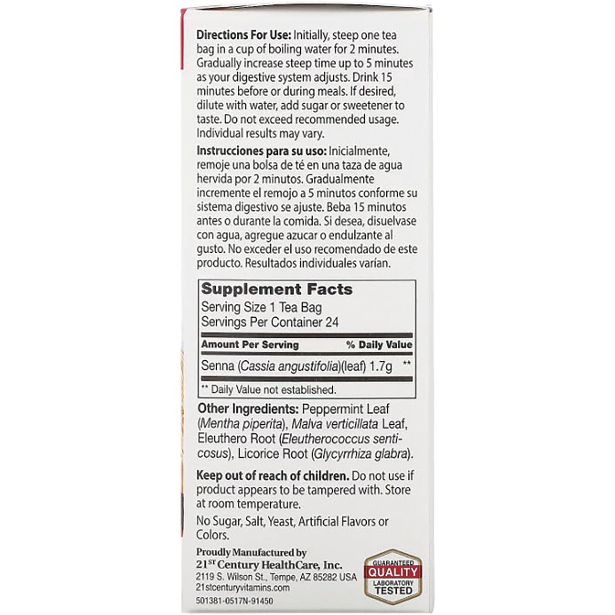 CNT153 | Back panel showing directions, bilingual instructions, supplement facts and ingredient list for herbal tea