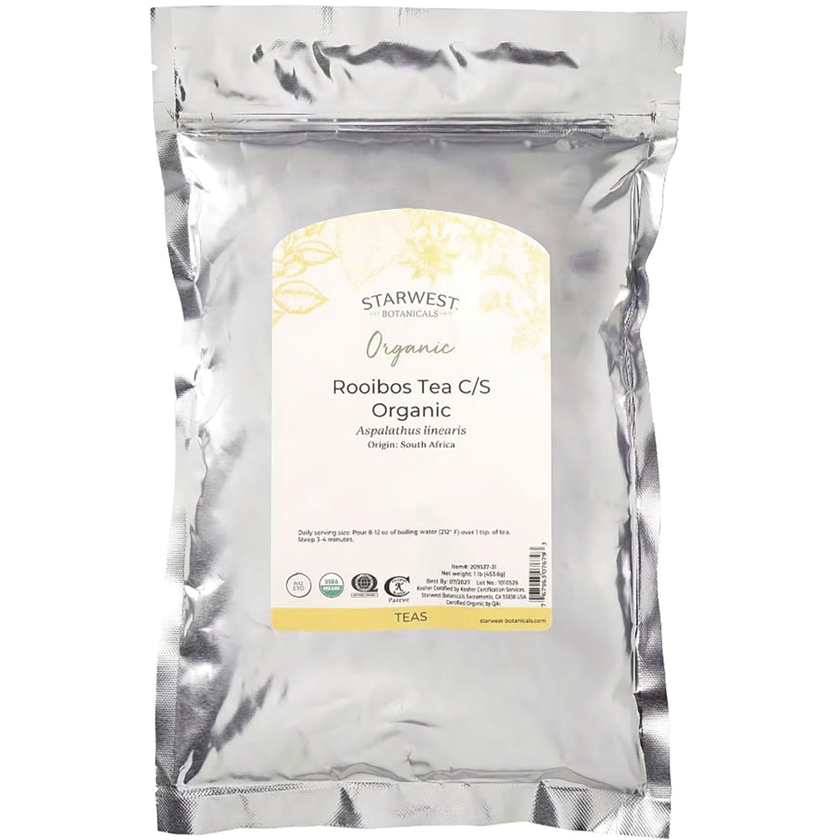 STB001 | Front of Starwest Botanicals Organic Rooibos Tea C/S pouch, Aspalathus linearis, origin South Africa