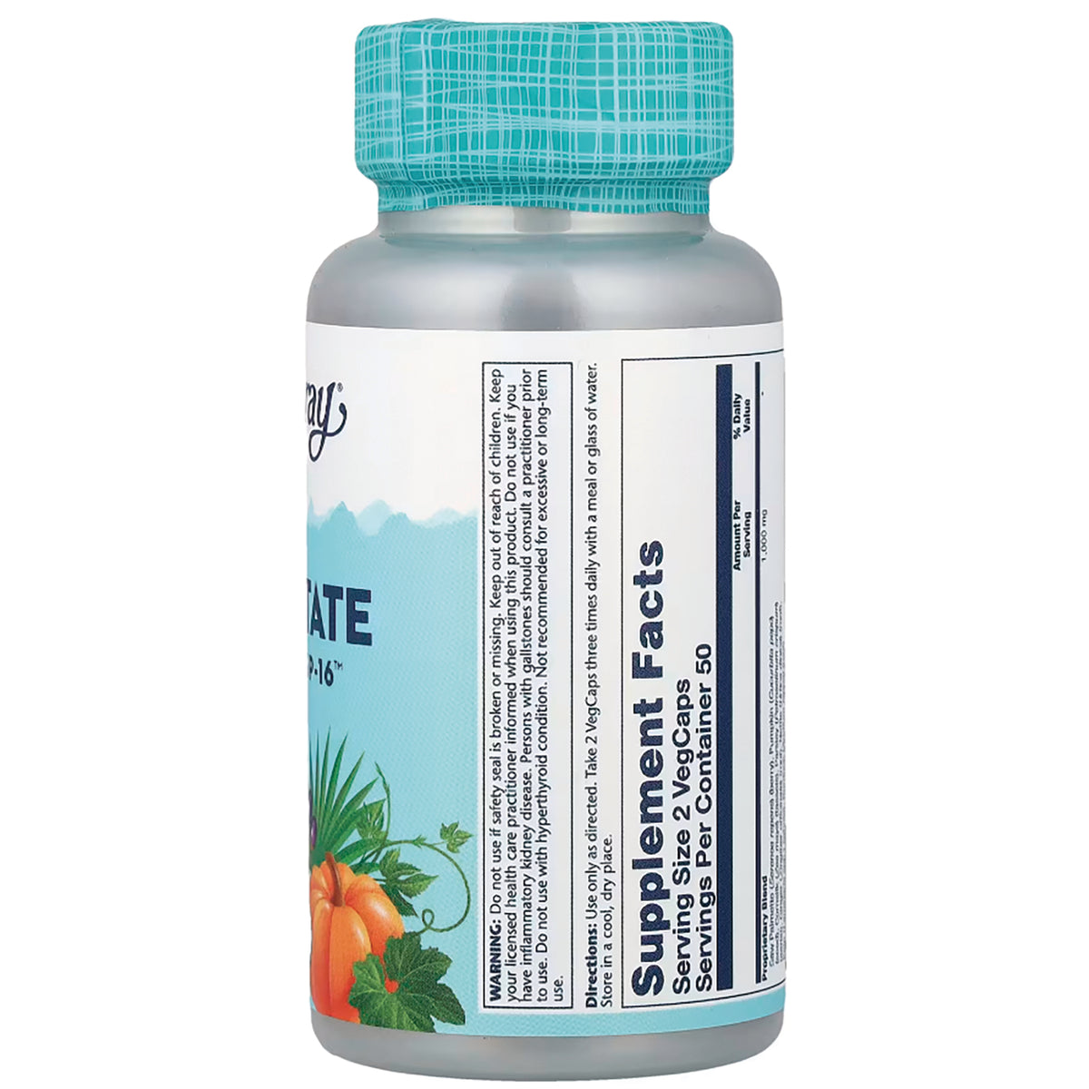 SLR439 | Back of supplement bottle showing Supplement Facts panel, teal cap and partial label artwork with pumpkin