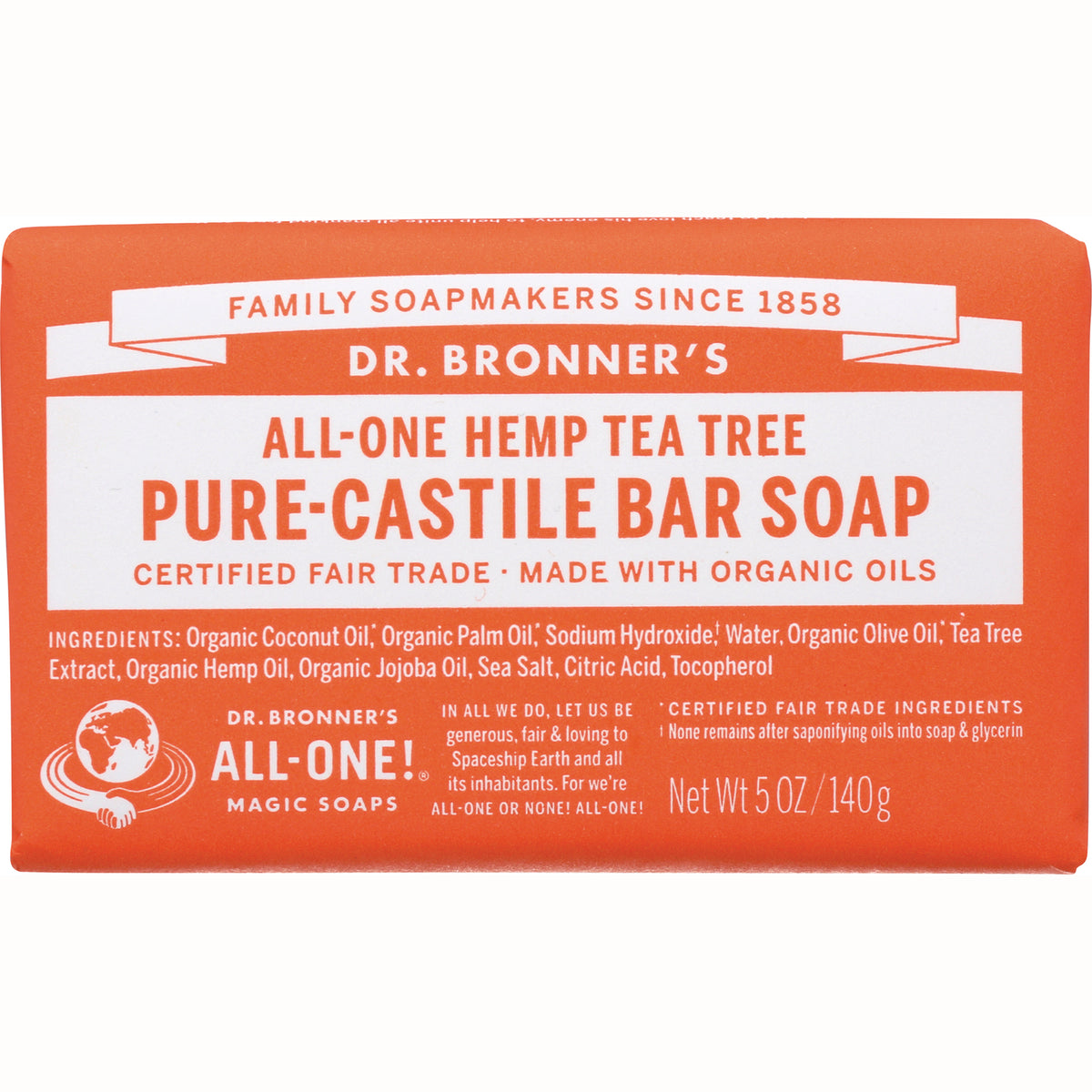 DRB005 | Dr. Bronner's All-One Hemp Tea Tree pure-castile bar soap packaging front showing product name and Net Wt 5 OZ/140 g