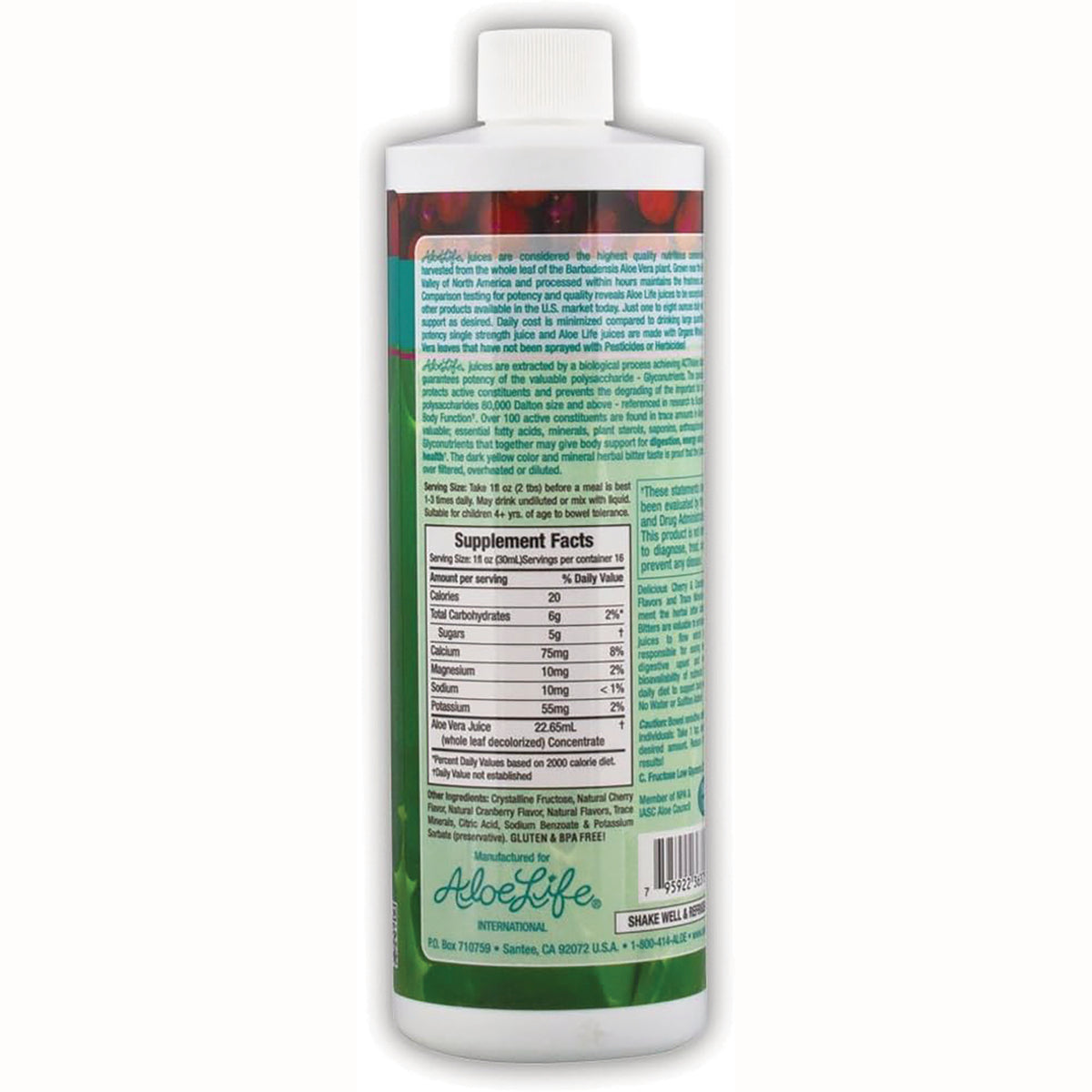 ALI002 | Back label with Supplement Facts, ingredients and barcode on AloeLife bottle