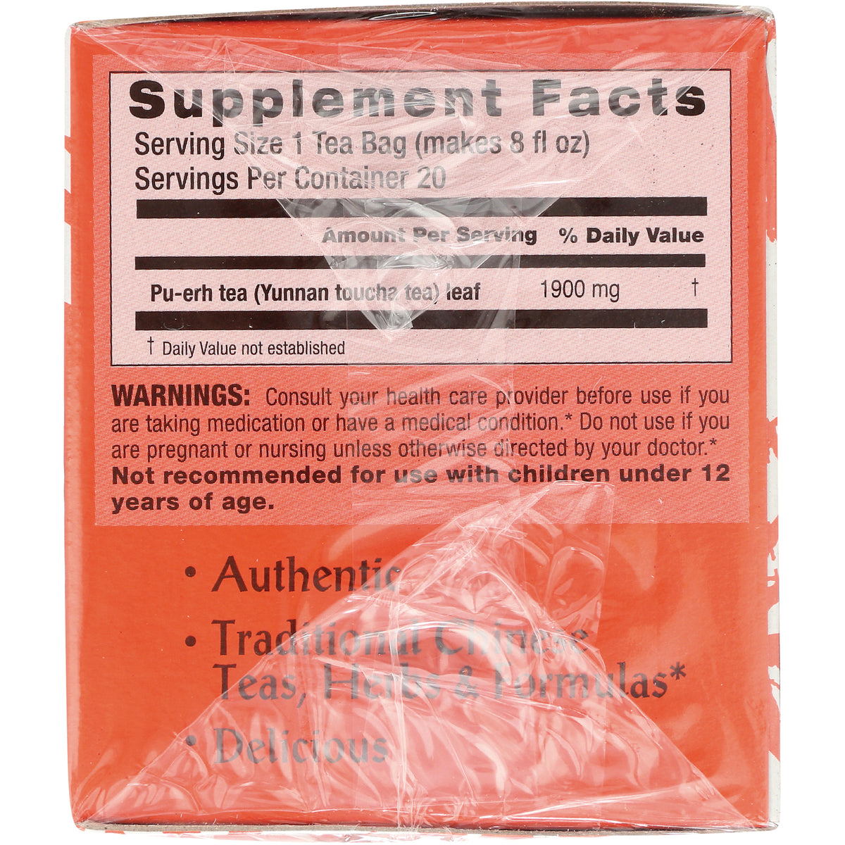 TLT026 | Back of tea box with Supplement Facts: serving size 1 tea bag, 20 servings, Pu-erh tea leaf 1900 mg, warnings
