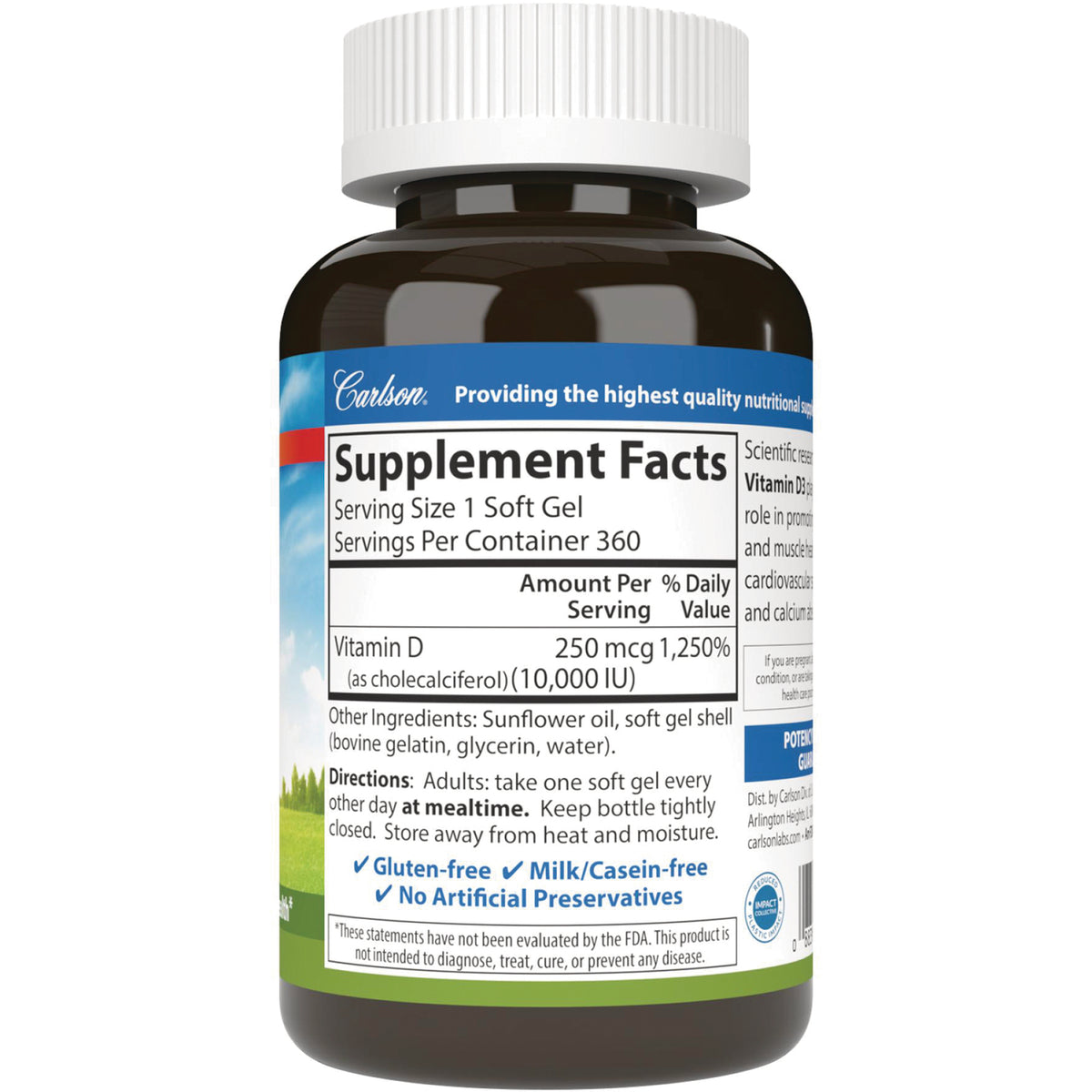 CSN299 | Back label with Supplement Facts for vitamin D soft gels 250 mcg (10,000 IU), directions and ingredient list
