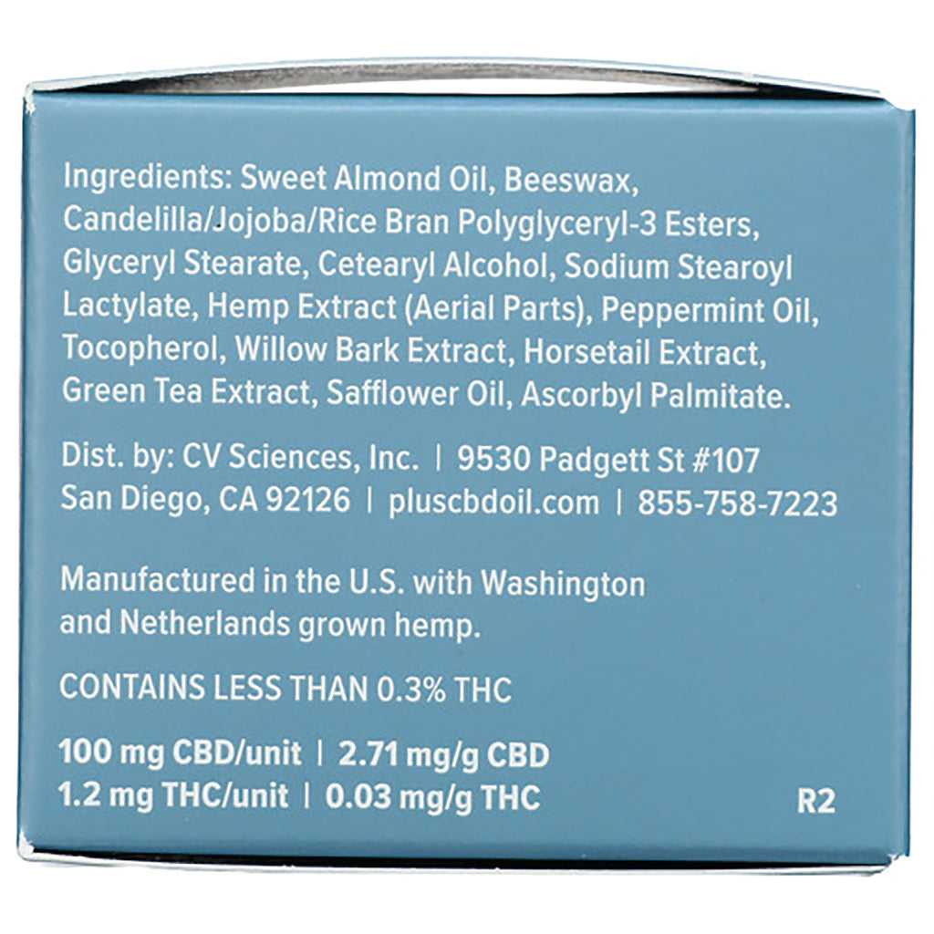 Blue box back panel listing ingredients, distributor contact, contains less than 0.3% THC and 100 mg CBD per unit - Thumbnail