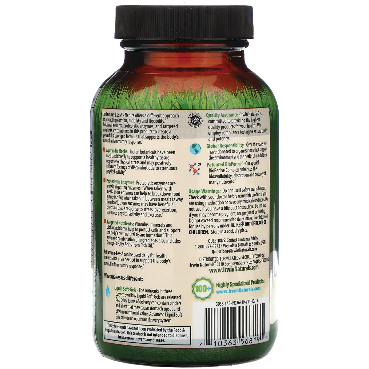 IR076 | Back of amber supplement bottle showing ingredients, usage warnings, and barcode