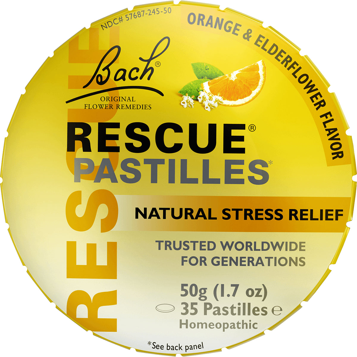 BFL015 | Yellow round tin of Rescue Pastilles, orange & elderflower flavor, natural stress relief, 50g 35 pastilles