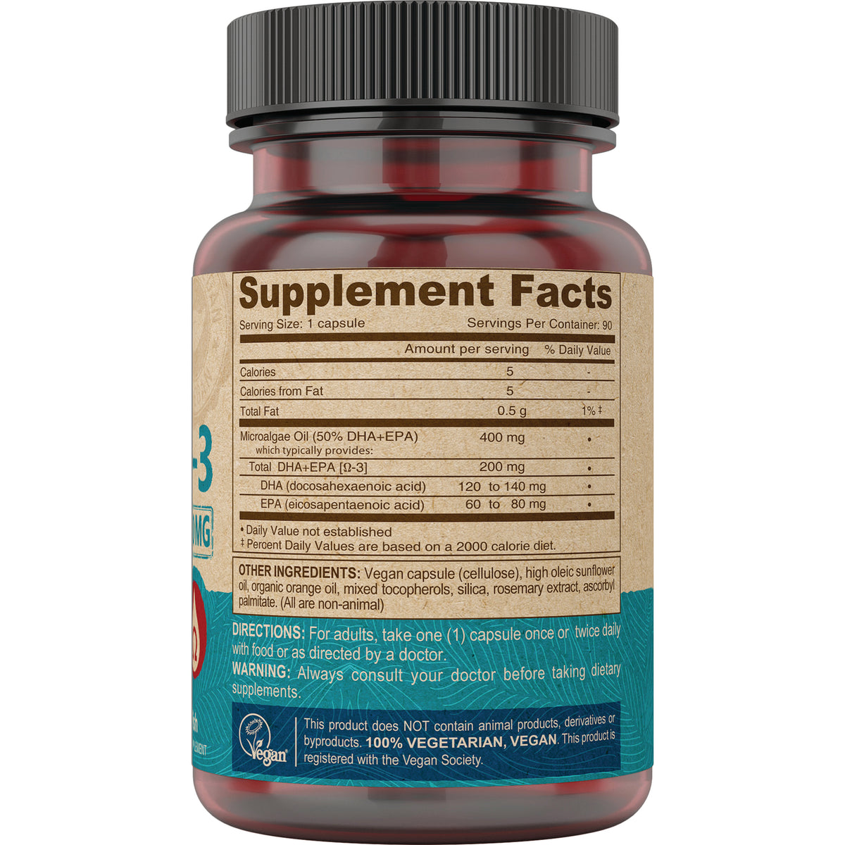 DEV036 | Back of supplement bottle showing Supplement Facts, ingredients, directions, and 100% VEGETARIAN, VEGAN label