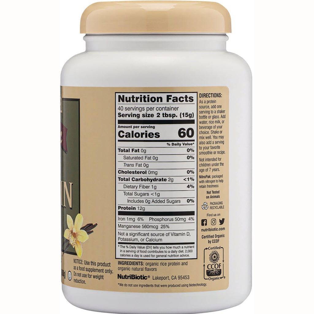 NUB019 | Back of white container showing nutrition facts label and ingredients for protein powder, serving size 2 tbsp and Calories 60 - Thumbnail