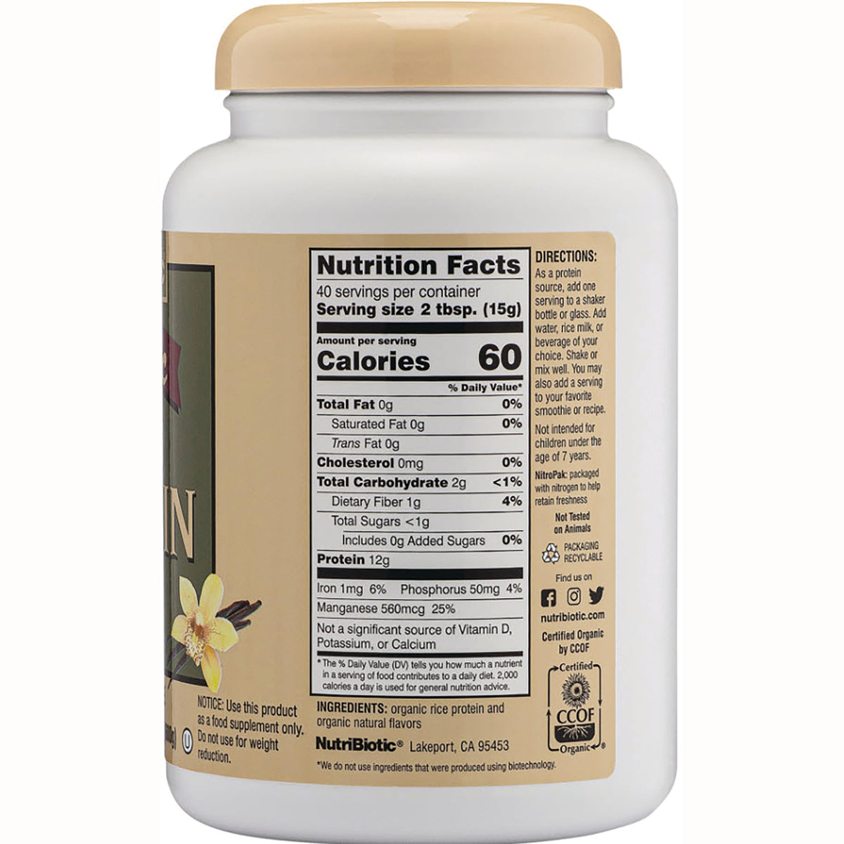 NUB019 | Back of white container showing nutrition facts label and ingredients for protein powder, serving size 2 tbsp and Calories 60
