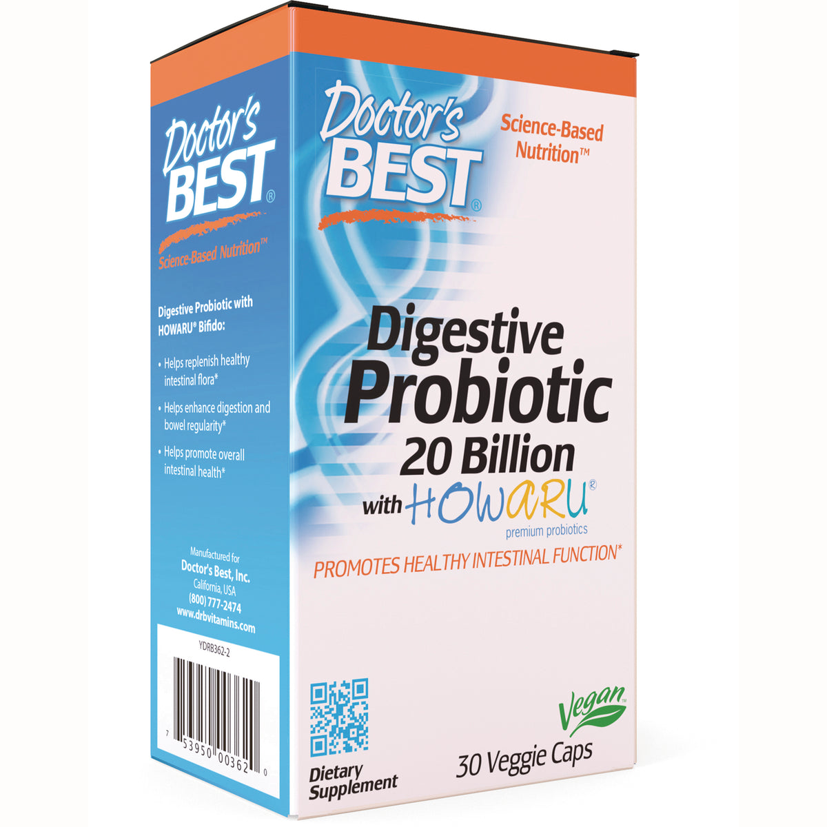 DB297 | Doctor's Best Digestive Probiotic 20 Billion box front view showing Vegan logo and 30 Veggie Caps