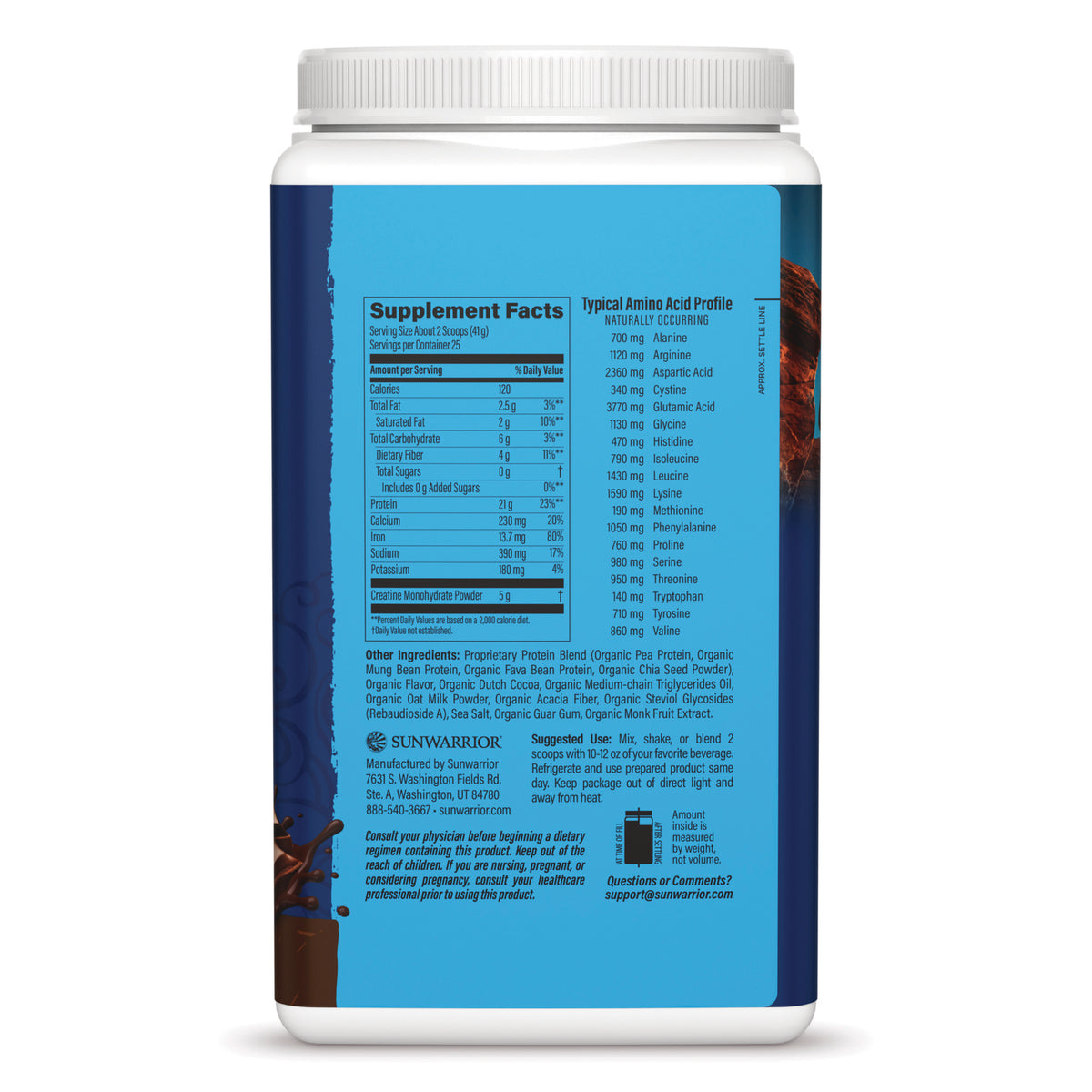 SNW071 | Back label of Sunwarrior supplement with Supplement Facts, amino acid profile, ingredients, and suggested use