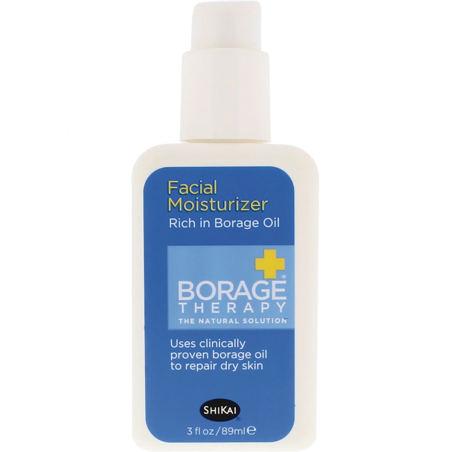 SHK011 | White pump bottle of Borage Therapy facial moisturizer with blue label reading BORAGE THERAPY