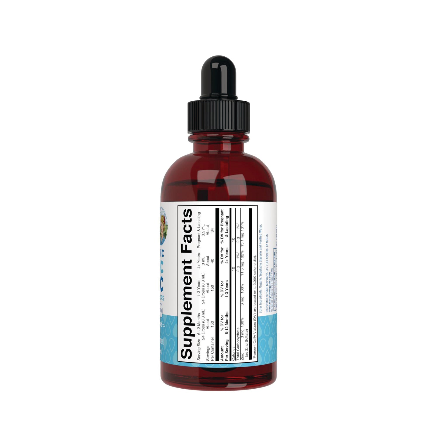 MRR037 | Back of amber dropper bottle showing Supplement Facts label and ingredient panel