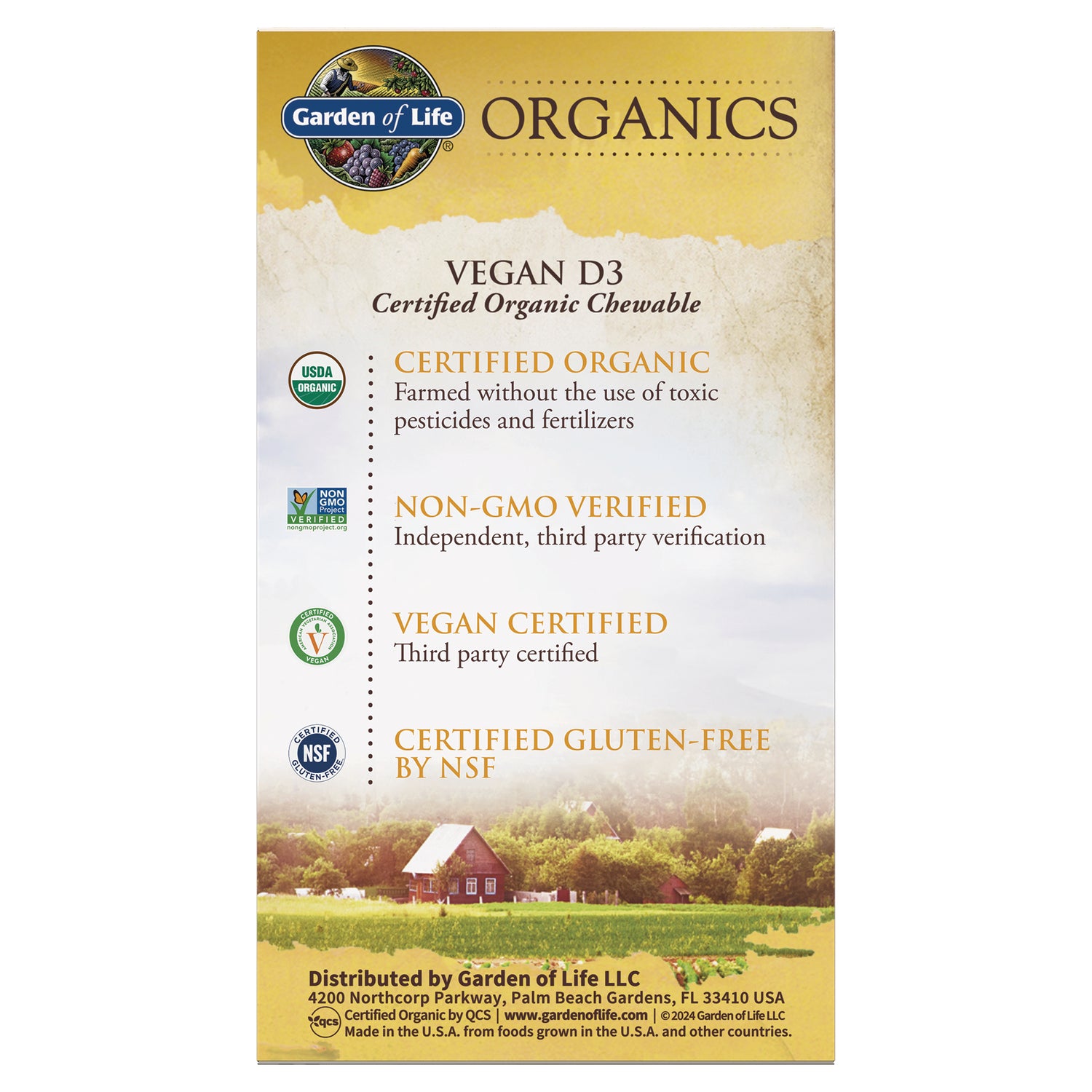 GLF218 | Back panel of Garden of Life Organics Vegan D3 chewable showing certifications USDA Organic, Non-GMO Verified, Vegan Certified, NSF gluten-free