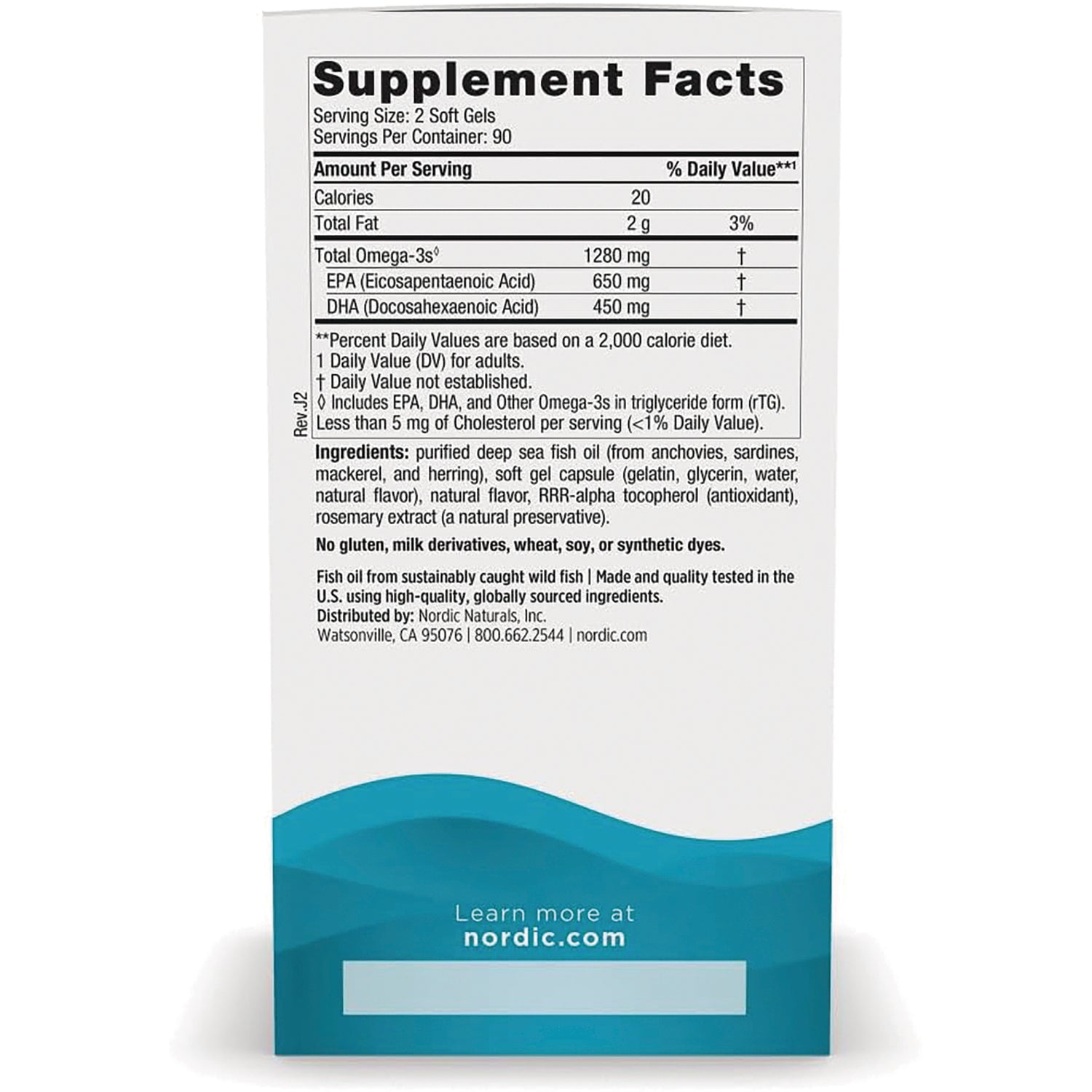 NRN009 | Supplement Facts panel and ingredient list on white teal Nordic Naturals box showing serving size and omega-3 amounts