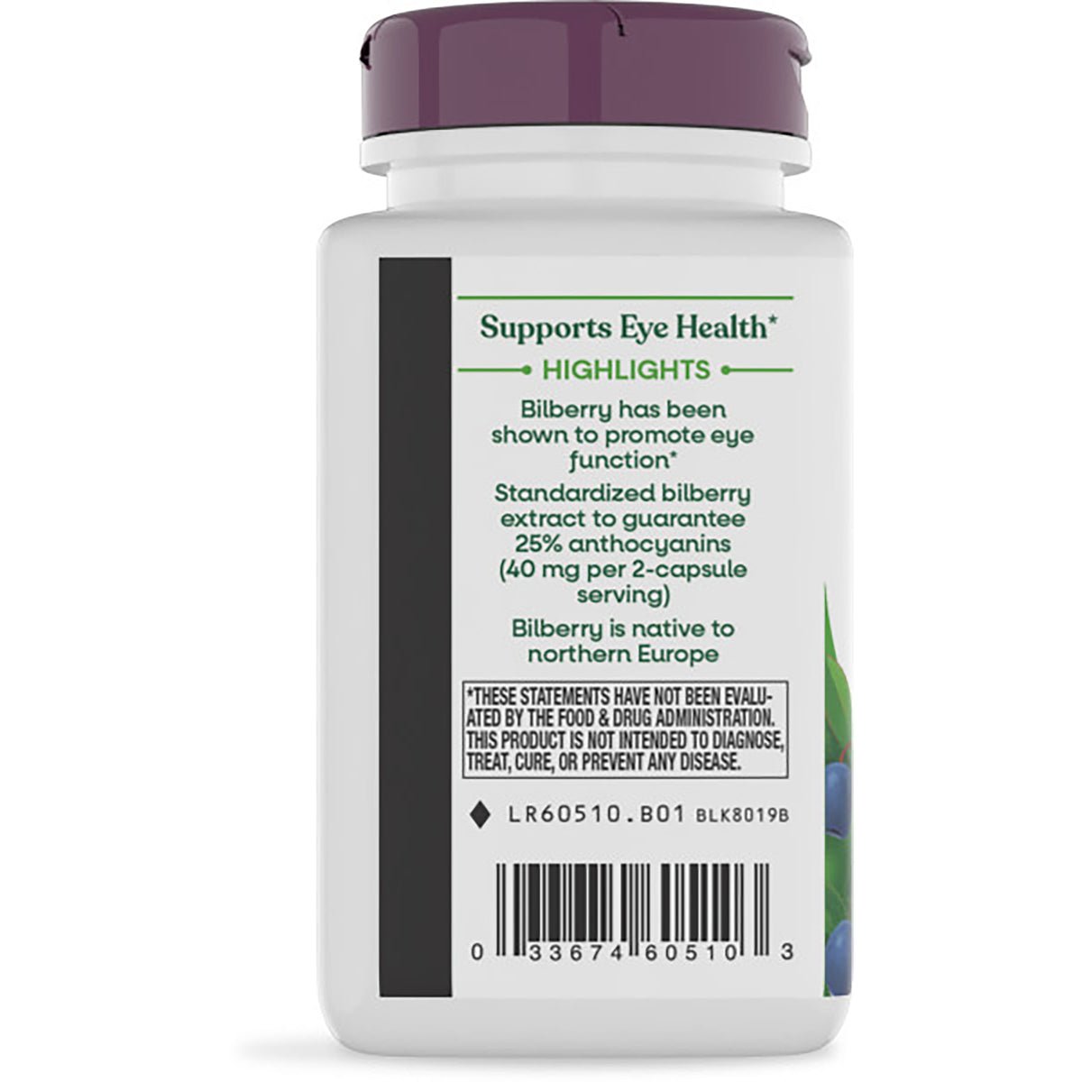 NW513 | Bottle back label with eye health highlights, bilberry extract details, FDA disclaimer, and barcode