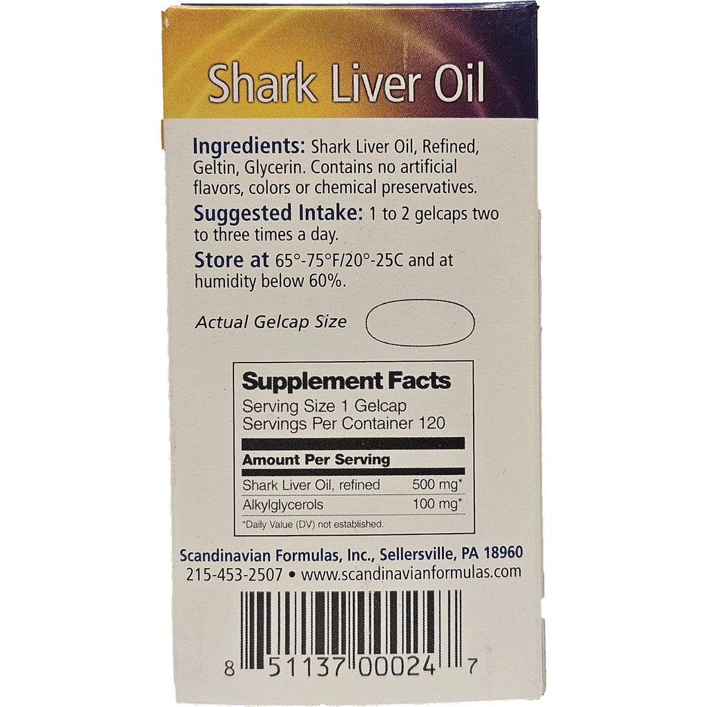 SCD005 | Back of Shark Liver Oil box showing ingredients, suggested intake, storage instructions and Supplement Facts label - Thumbnail