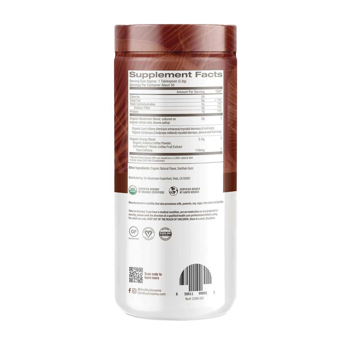 MMX050 | Back label of white and brown supplement bottle showing Supplement Facts panel, certifications, QR code and barcode