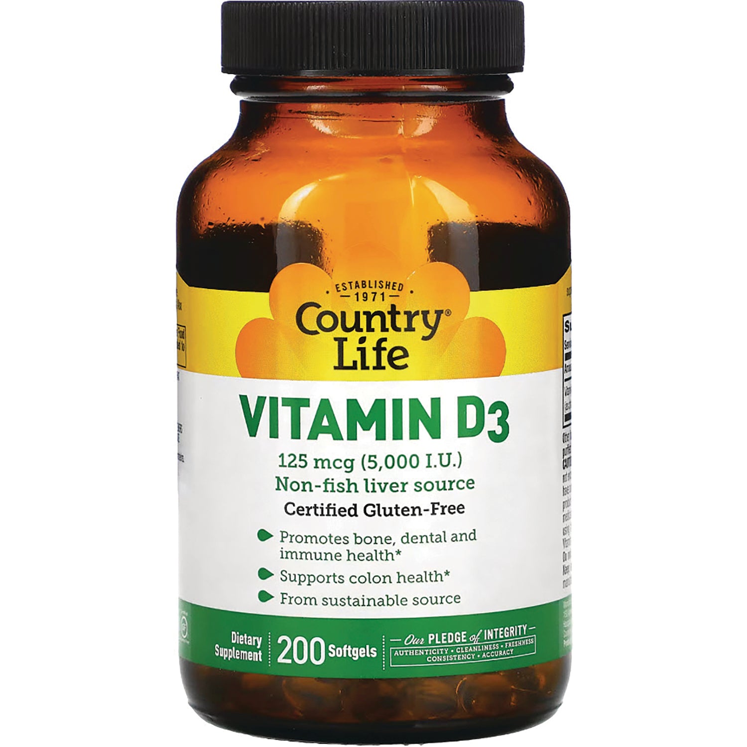 CRL453 | Country Life Vitamin D3 125 mcg (5,000 I.U.) 200 softgels amber bottle front label