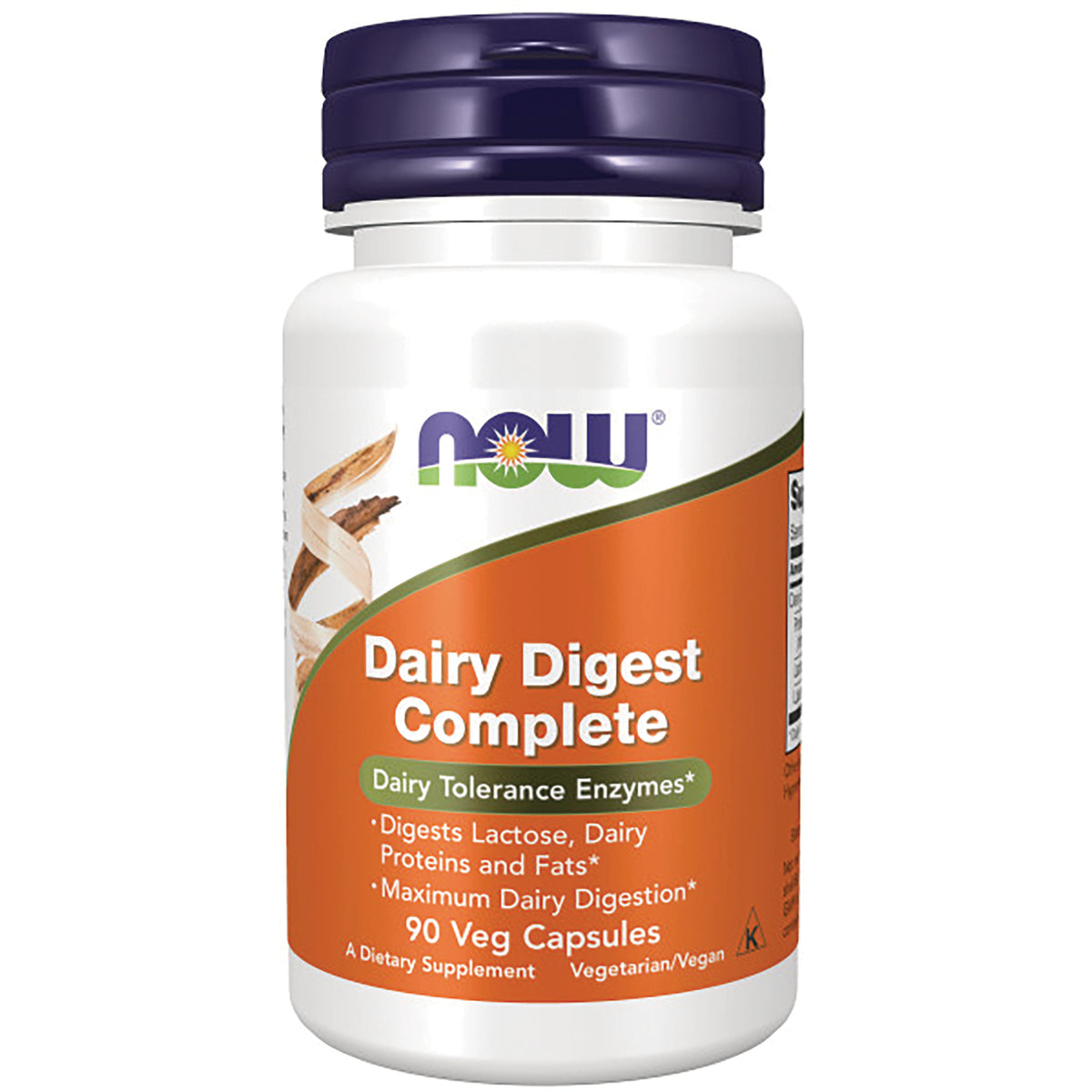 NWF670 | White bottle of NOW Dairy Digest Complete dietary supplement, 90 veg capsules, orange label