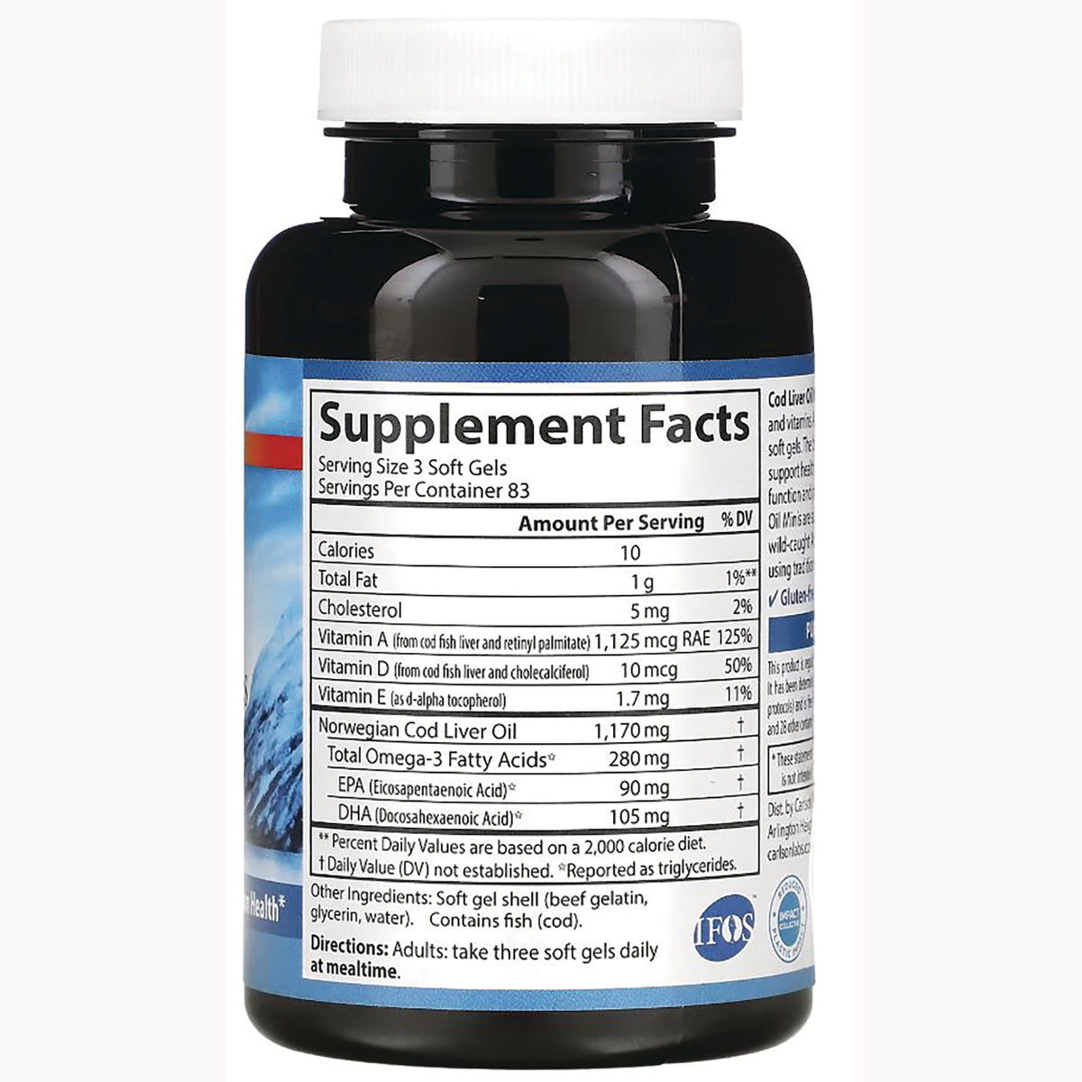 Supplement Facts label on back of cod liver oil bottle showing serving size, calories, omega-3 amounts and directions