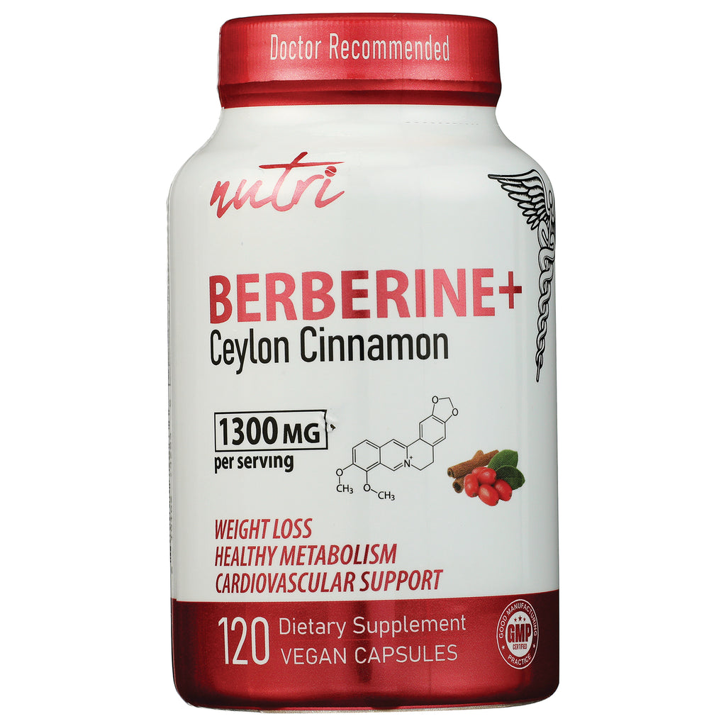 NFU001 | White supplement bottle labeled BERBERINE+ Ceylon Cinnamon 1300 MG per serving 120 vegan capsules front view - Thumbnail