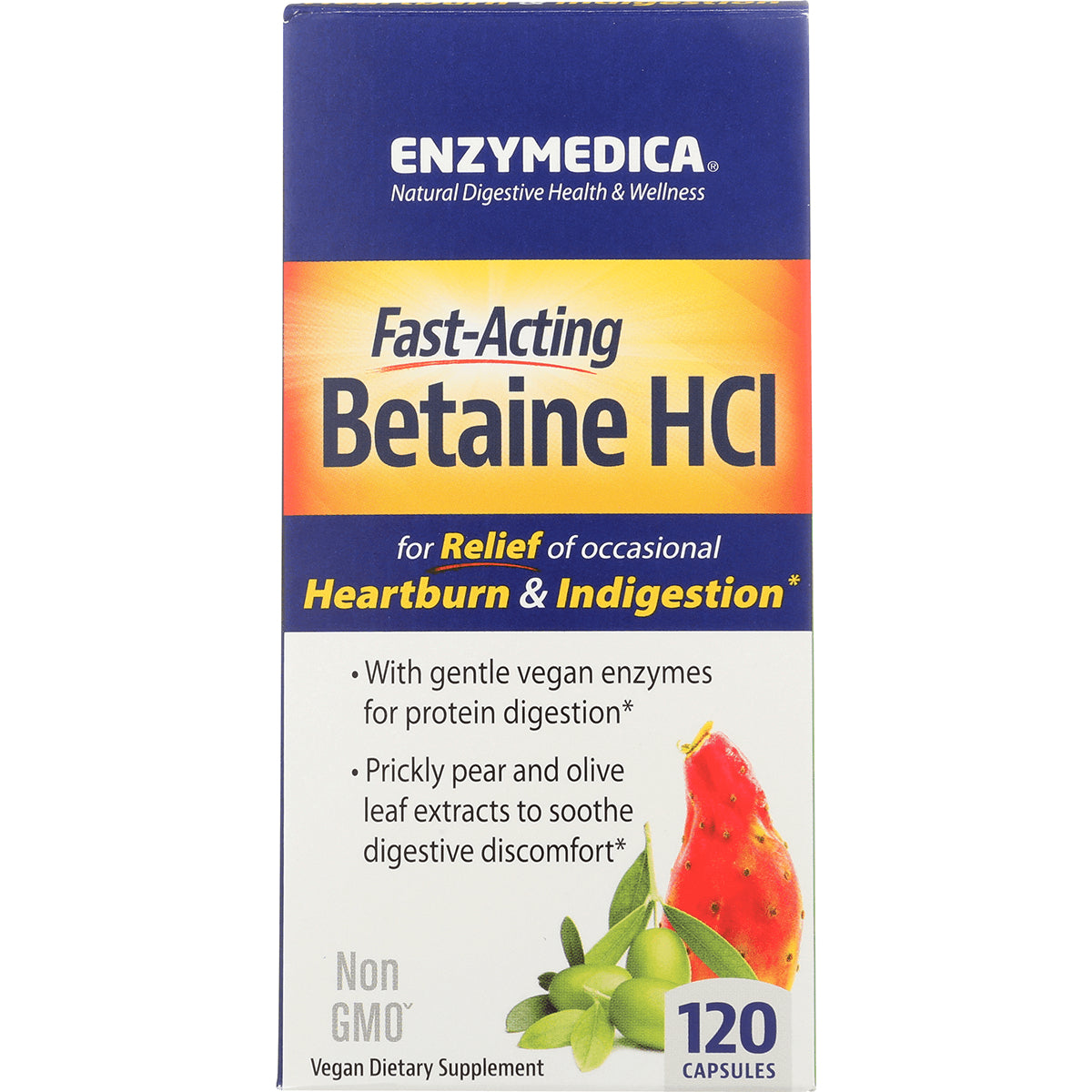 EMD070 | Enzymedica Fast-Acting Betaine HCl supplement box showing product name and 120 capsules