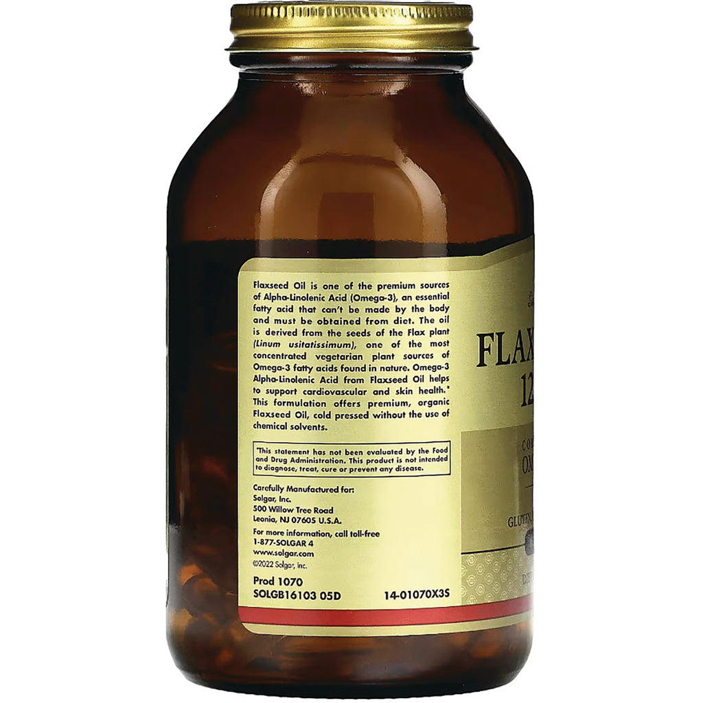 Brown glass bottle back label describing flaxseed oil benefits, ingredients, and manufacturer information - Thumbnail