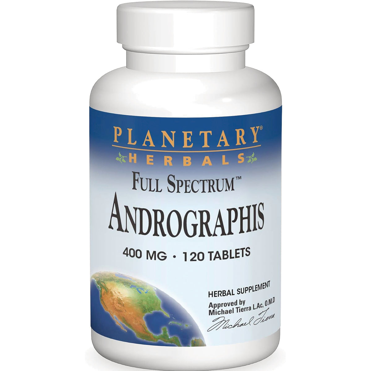 PF054 | Planetary Herbals Full Spectrum Andrographis 400 mg 120 tablets white supplement bottle front label
